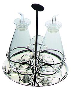 Oliera Base Rotonda GRAND HOTEL 5 PZ 22X18,6xh22 cm in acciaio lucido con ampolle in vetro 30 cl e tappo salva goccia