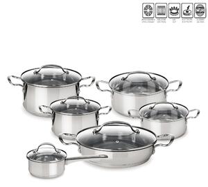 Batteria di pentole 12 pezzi con coperchi in vetro pyrex linea Sintesi Mepra, acciaio inox 18.10 adatte per piano elettrico, induzione, gas, alogeno, vetroceramica , forno