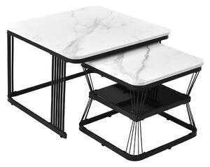Set di 2 Tavolini Moderni in PVC Effetto Marmo e Struttura in Acciaio, Bianco e Nero