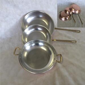 Batteria in Rame stagnato 3 pezzi - 2 Padelle + 1 Tegame con manico in ottone