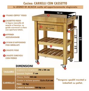 Carrello da cucina in legno massello con cassetto 70x50xh85 cm con tagliere in legno di Acacia stagionato con lavorazione dentatura maschio Femmina