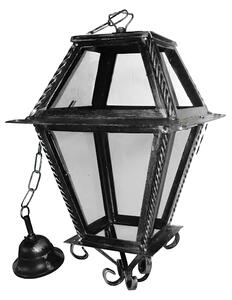 Lanterna doppi vetri con catena In ferro Battuto 28x28xh49cm interno esterno, lampadina E 27 con vetri e impianto colore nero