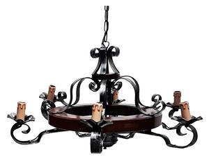 Lampadario ferro Battuto e legno 6 luci 74x74xh42cm -Peso 9 kg interno esterno, colore legno con ricci in ferro battuto