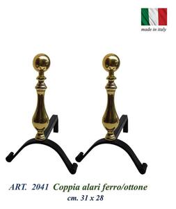 Alari per camino, coppia in ferro battuto e Ottone 31xh28 cm lavorazione artigianale in ottone pieno stile classico