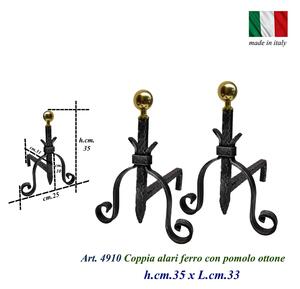 Alari per camino, coppia in ferro battuto e Ottone 36x h36 cm lavorazione artigianale in ottone pieno stile classico