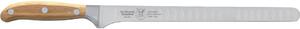 Coltello salmone Flessibile lama forgiata e alveolata che permette il passaggio dell'aria cm 26 in acciaio W.Nr.1.4116 , Manico in essenza legno di Frassino