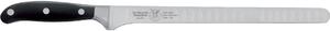 Coltello salmone Flessibile lama forgiata e alveolata che permette il passaggio dell'aria cm 26 in acciaio W.Nr.1.4116 , Forgiato manico nero , Manico in Resina Acetalica e rivetti inox