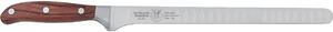 Coltello salmone Flessibile lama forgiata e alveolata che permette il passaggio dell'aria cm 26 in acciaio W.Nr.1.4116 , colore manico in legno di mogano scuro