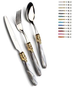 Set Posate 4 pezzi 1 posto tavola posate Gioiello Oro in acciaio 18/10 manico acrilico madreperlato con ghiera dorata, finitura Oro inox
