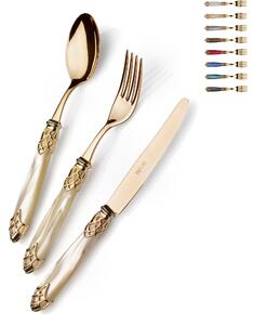 Set Posate 4 pezzi, 1 posto tavola posate Dubai Ghiera Oro e posate in oro 18/10 manico in acrilico madreperlato con ghiera dorata finitura tutto oro