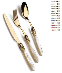 Set Posate 4 pezzi 1 posto tavola posate Gioiello Tutto Oro in acciaio 18/10 manico acrilico madreperlato con ghiera dorata finitura Oro
