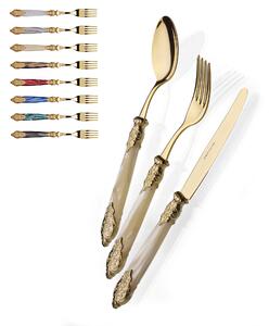 Set Posate Colorate 4 pezzi 1 posto tavola posate Versailles Tutto Oro in acciaio 18/10 manico acrilico madreperlato con doppia ghiera dorata finitura Oro inox