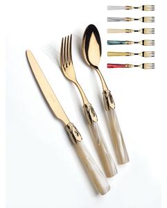CAPRI Ghiera ORO e Posate oro, 6 posti tavola, Servizio posate 24 pezzi in acciaio inox 18/10 lucido spessore 2,5 mm Manico acrilico madreperlato con ghiera in metallo Oro Lucido lavabile in lavastoviglie
