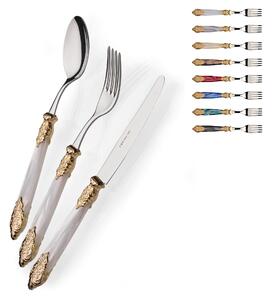 Set Posate Colorate 4 pezzi 1 posto tavola posate Versailles Oro in acciaio 18/10 manico acrilico madreperlato con doppia ghiera dorata finitura Oro inox