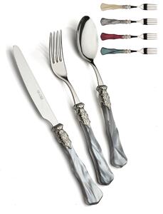 GINEVRA ANTICO, 6 posti tavola, Servizio posate 24 pezzi in acciaio inox 18/10 lucido spessore 2,5 mm Manico in acrilico madreperlato con ghiera in metallo effetto antichizzato lavabile in lavastoviglie