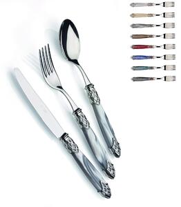 DUBAI LUCIDO, posto tavola, Servizio posate 4 pezzi in acciaio inox 18/10 lucido spessore 2,5 mm Manico in acrilico madreperlato con ghiera in metallo effetto lucido lavabile in lavastoviglie