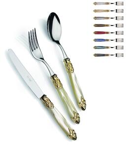 Servizio posate 4 pezzi posto tavola DUBAI Ghiera ORO E Posate ACCIAIO in acciaio inox 18/10 lucido spessore 2,5 mm manico acrilico madreperlato con ghiera Oro lucido lavabile in lavastoviglie