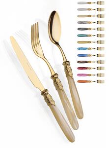 PARIS TUTTO ORO, 6 posti tavola, Servizio posate 24 pezzi in acciaio inox 18/10 lucido spessore 2,5 mm Manico acrilico madreperlato con ghiera dorata lavabile in lavastoviglie