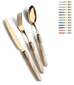 Posto tavola, Servizio posate 4 pezzi ISCHIA Ghiera ORO Lucido e oro in acciaio inox 18/10 lucido spessore 2,5 mm Manico in acrilico madreperlato con ghiera in metallo effetto ORO Lucido