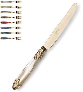 Coltello da tavola sfuso Dubai Ghiera Oro e posate in oro manico in acrilico madreperlato con ghiera dorata finitura tutto oro
