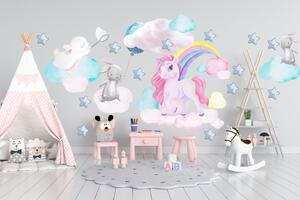 Adesivo murale per ragazze unicorno e coniglietti nel cielo 80 x 160 cm