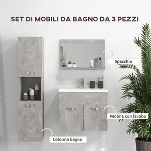 Kleankin Set Mobili Bagno con Mobile Lavabo 60cm e Lavandino in Ceramica, Colonna Bagno e Specchiera, Grigio