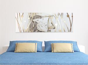 Pannello da parete orizzontale, quadro capezzale letto DEA 150xh50 base in pannello legno colore bianco opaco intarsi con intarsi in Foglia oro
