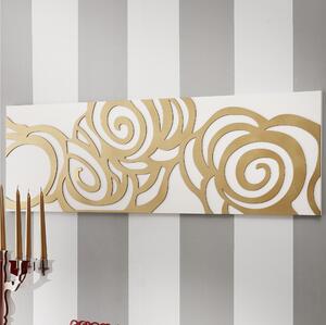 Pannello da parete, quadro da parete ROSES 120xh40cm orizzontale pannello colore bianco intarsi in legno foglia oro