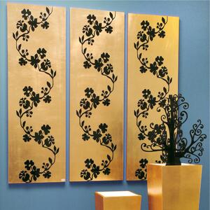 Pannelli da parete tris SAKURA 75xh120cm in legno colore oro intarsi in legno colore nero