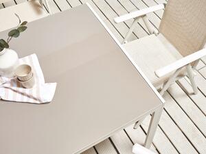 Tavolo da pranzo da giardino Piano in vetro temperato beige Struttura in alluminio bianco 160 x 90 cm Beliani