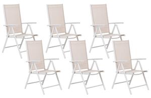 Set di 6 sedie da giardino in tessuto beige struttura in alluminio bianco pieghevole reclinabile Beliani
