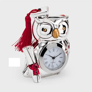 Gufo orologio per Laurea in resina particolari rossi H 7,5 cm in scatola regalo tinta bianco perla , bomboniera