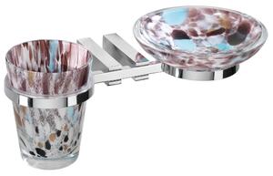 Portasapone con bicchiere in vetro di murano MATISSE 27x14xh11 cm supporti in ottone cromato colore inox lucido
