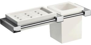 Porta sapone pi� porta bicchiere sospeso in ottone cromato 23x8xh9 cm OSCAR - peso 1,09 kg con contenitore in vetro colore Bianco