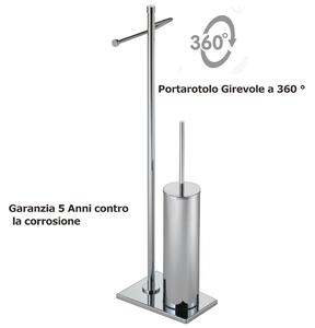 Piantana da bagno in ottone porta rotolo e scopino rotondo Braccio fisso 14x19xh70 cm base trapezioidale , TIFFANY cromo lucido