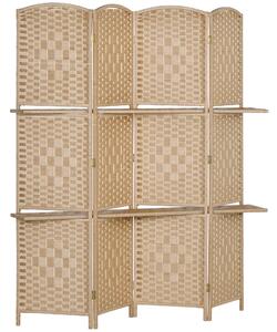 HOMCOM Paravento da Interno a 4 Pannelli Pieghevole con Mensole 160x170 cm, Colore Naturale