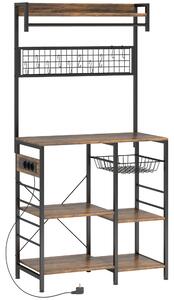 HOMCOM Scaffale Cucina con Prese e LED, Angolo Caffè, Asta Appendiabiti, Pannello in Metallo, 5 Ripiani, Cestello, 10 Ganci, Marrone Rustico | Aosom Italy