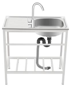 Lavello da cucina indipendente – Piano di lavoro integrato – Vasca singola con miscelatore a 360° – Ripiano inferiore – Acciaio inossidabile – 75 × 40 × 75 cm – Argento