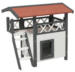 PawHut Casetta per Gatti da Esterno con Terrazza e Scaletta in Legno, 77x50x73cm, Bianco e Grigio|Aosom