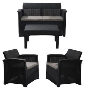 Set di mobili da giardino Relaxdays, set da salotto in rattan da 4 pezzi, per 4 persone, panca, poltrona e tavolo, mobili da relax, da esterno, nero