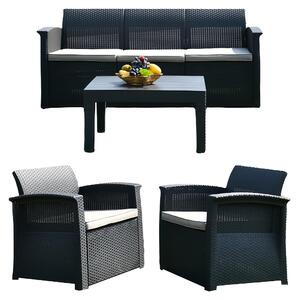 Set di mobili da giardino Relaxdays, composto da 4 elementi: divanetto in rattan, 5 posti, poltrona, tavolo e panca. Arredamento da esterno, colore nero
