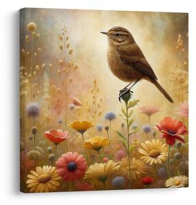 Quadro su tela – Uccellino tra i fiori del prato