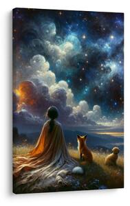 Quadro su tela – Figura con volpe e cane sotto le stelle