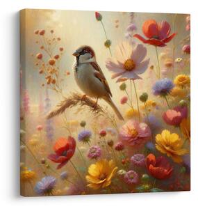 Quadro su tela – Uccellino nella natura in fiore