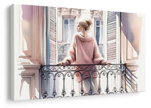 Quadro su tela – Ragazza con maglione rosa sul balcone