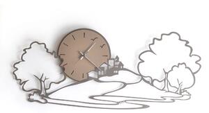 Orologio da parete Orologio ispirato alla natura e al paesaggio grazie alle linee che tracciano il profilo di esso con alberi e case su una collina PAESAGGIO in metallo, 98x h43 cm, colore Fango