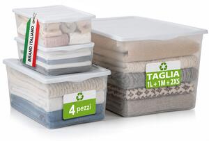 Set 4 Pezzi Contenitori con Coperchio Spring Box 1L + 1M + 2XS in Plastica Bianco Trasparente