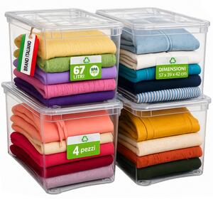Set 4 Pezzi Contenitori con Coperchio 57x39x42 cm Storage Box Marea Capienza 67L in Plastica Trasparente