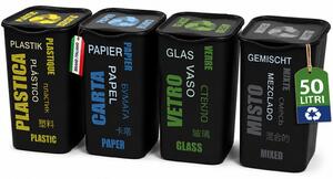Set 4 Pattumiere per Raccolta Differenziata 37,5x36x53,5 cm Bidone da 50 Litri in Plastica Nero