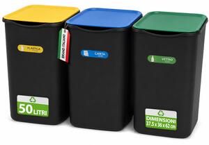 Set 3 Pattumiere 37,5x36x62 cm Bidoni Raccolta Differenziata Spazzatura Capienza da 50 L in Plastica Nero
